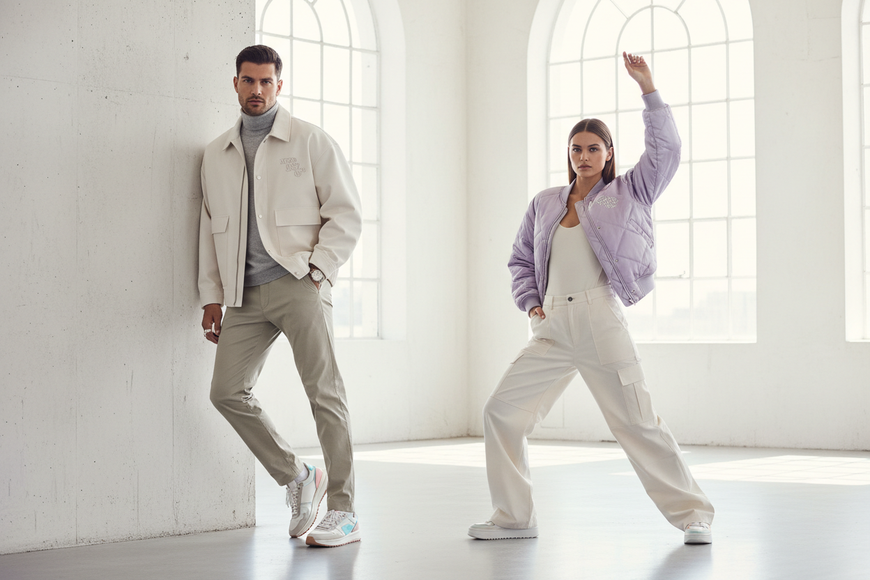 Two people standing in a bright, minimalistic room with large windows.